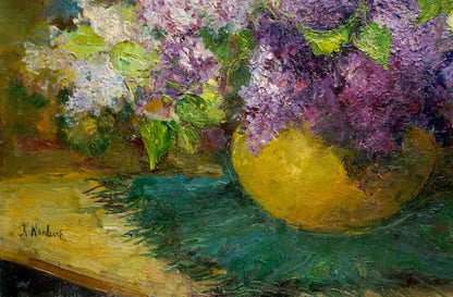 Oil painting Lilac K. Wasilewska: yellow vase with purple white lilacs