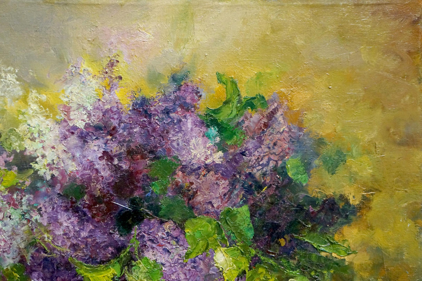 Oil painting Lilac K. Wasilewska: vibrant purple bouquet on yellow background