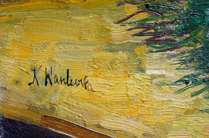 A textured yellow canvas with visible brushstrokes, featuring a signature in black ink.
