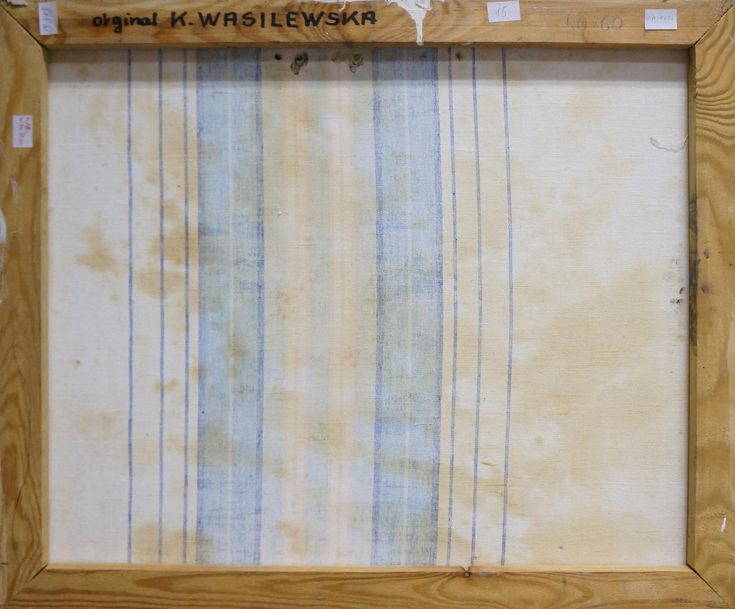 Back of Lilac K. Wasilewska oil painting with faded blue beige stripes