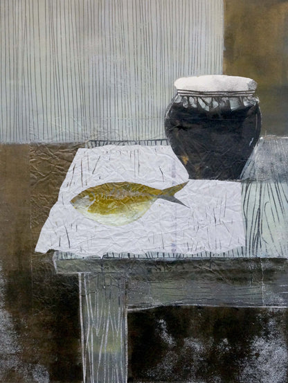 Abstract painting of yellowish fish on crumpled paper by Albina Yaloz