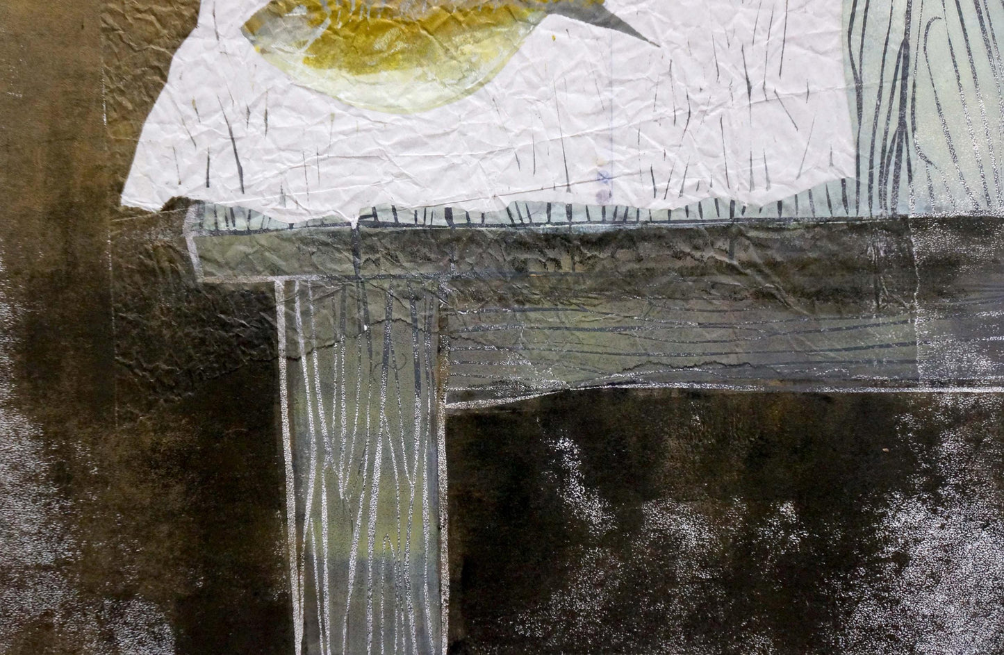 Abstract Fish on the Table painting by Albina Yaloz on crinkled paper with gold ink