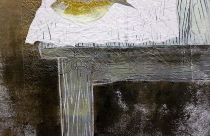 Abstract Fish on the Table painting by Albina Yaloz on crinkled paper with gold ink