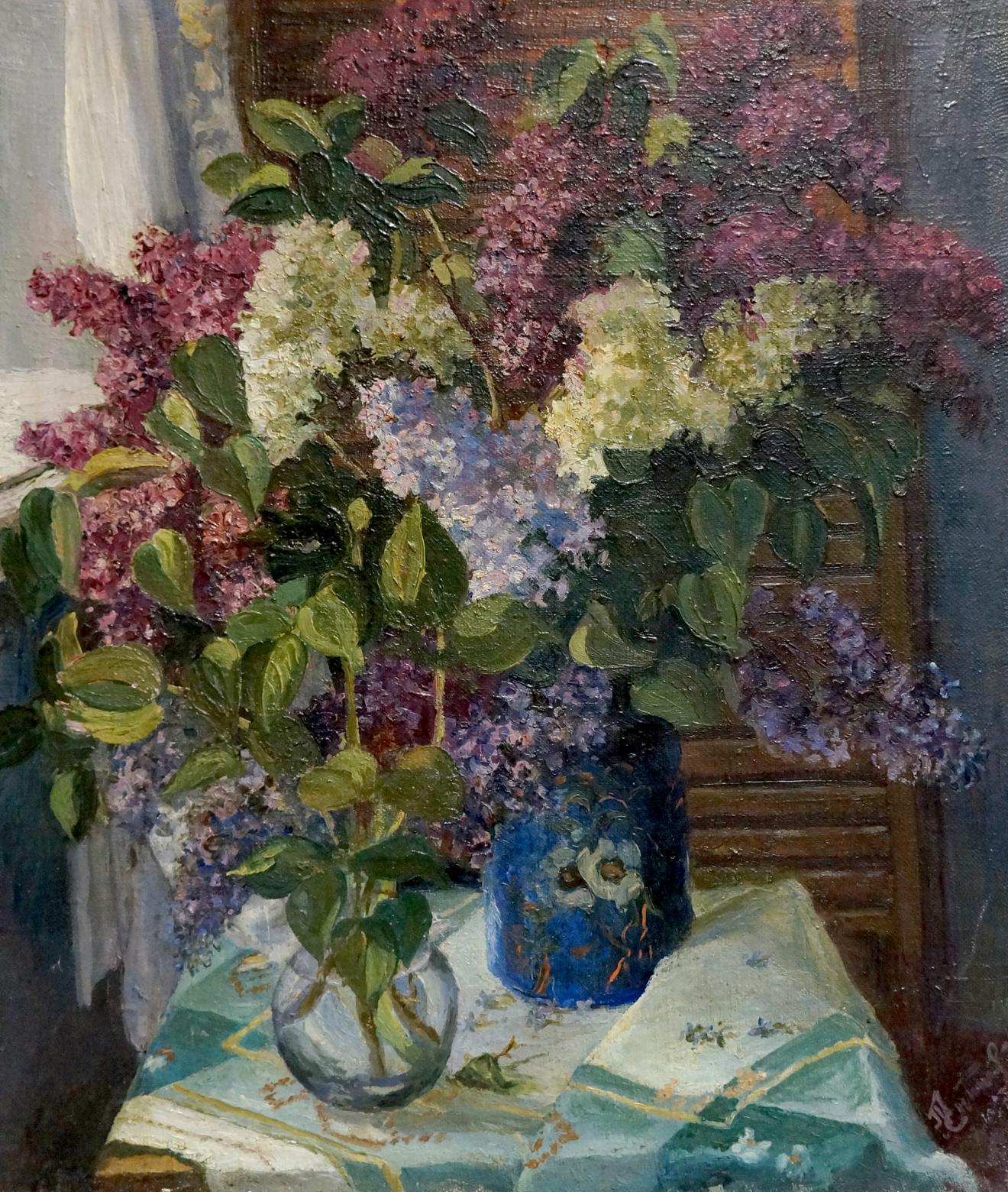 Oil painting of fresh lilacs in glass vase and blue pot