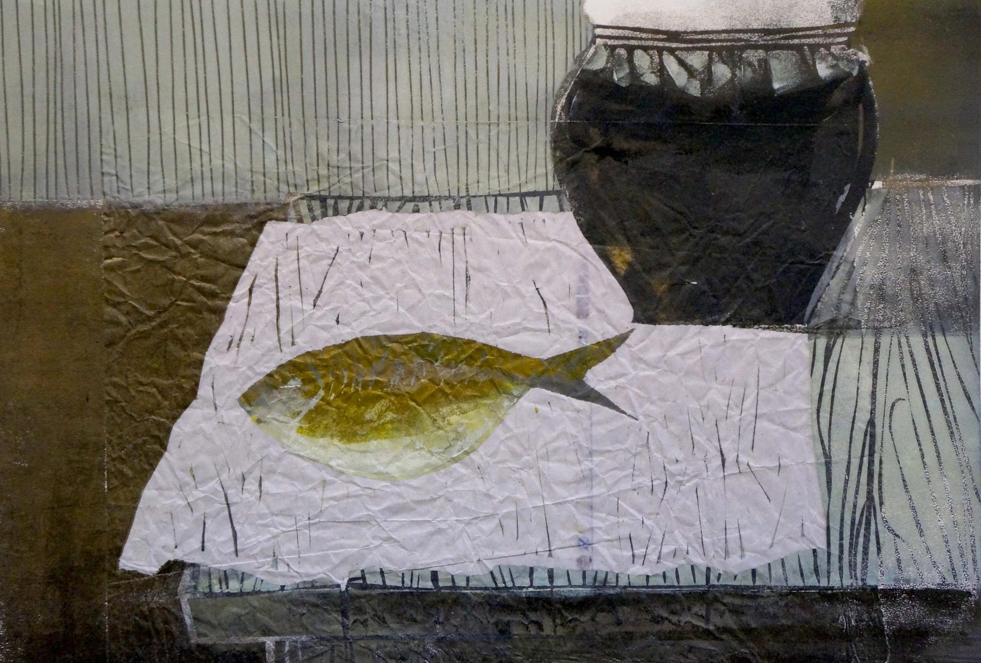 Abstract painting of golden-yellow fish on crinkled white paper by Albina Yaloz