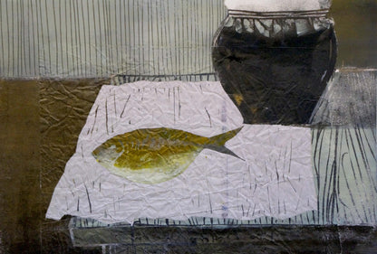 Abstract painting of golden-yellow fish on crinkled white paper by Albina Yaloz