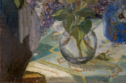 Oil painting of fresh purple lilacs in clear glass spherical vase