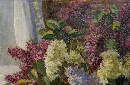 Oil painting of vibrant fresh lilacs in vases, purple and lavender tones