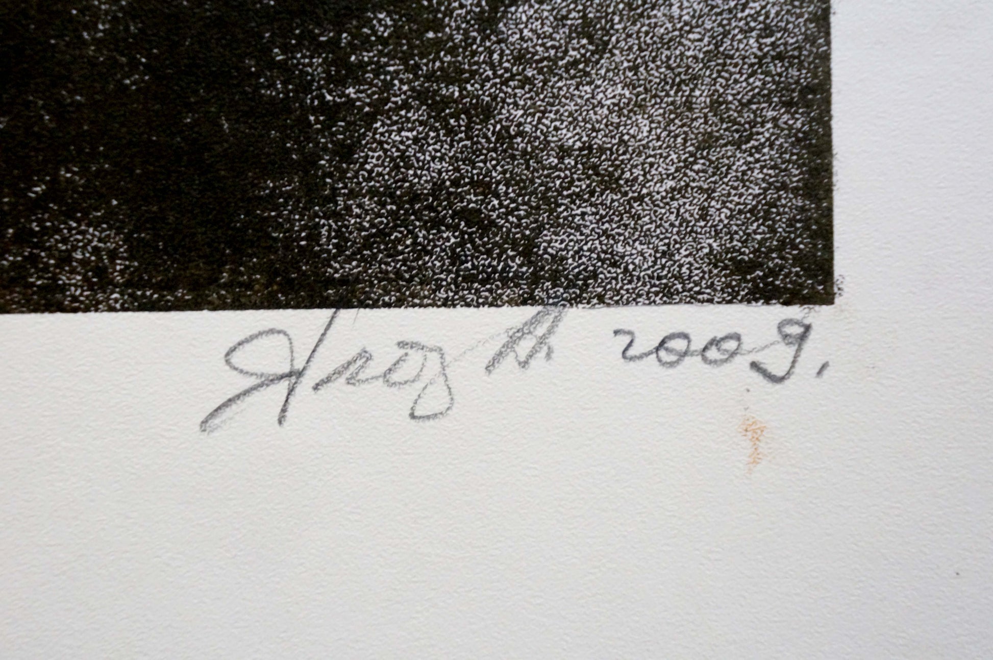 Black and white textured print signed Hans 2009, back of Abstract Fish on Table by Albina Yaloz