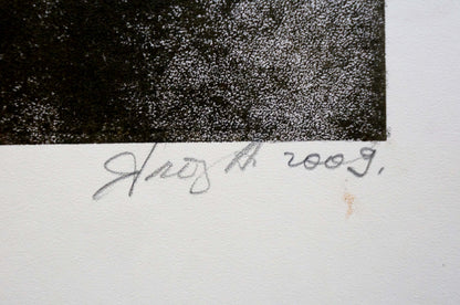 Black and white textured print signed Hans 2009, back of Abstract Fish on Table by Albina Yaloz