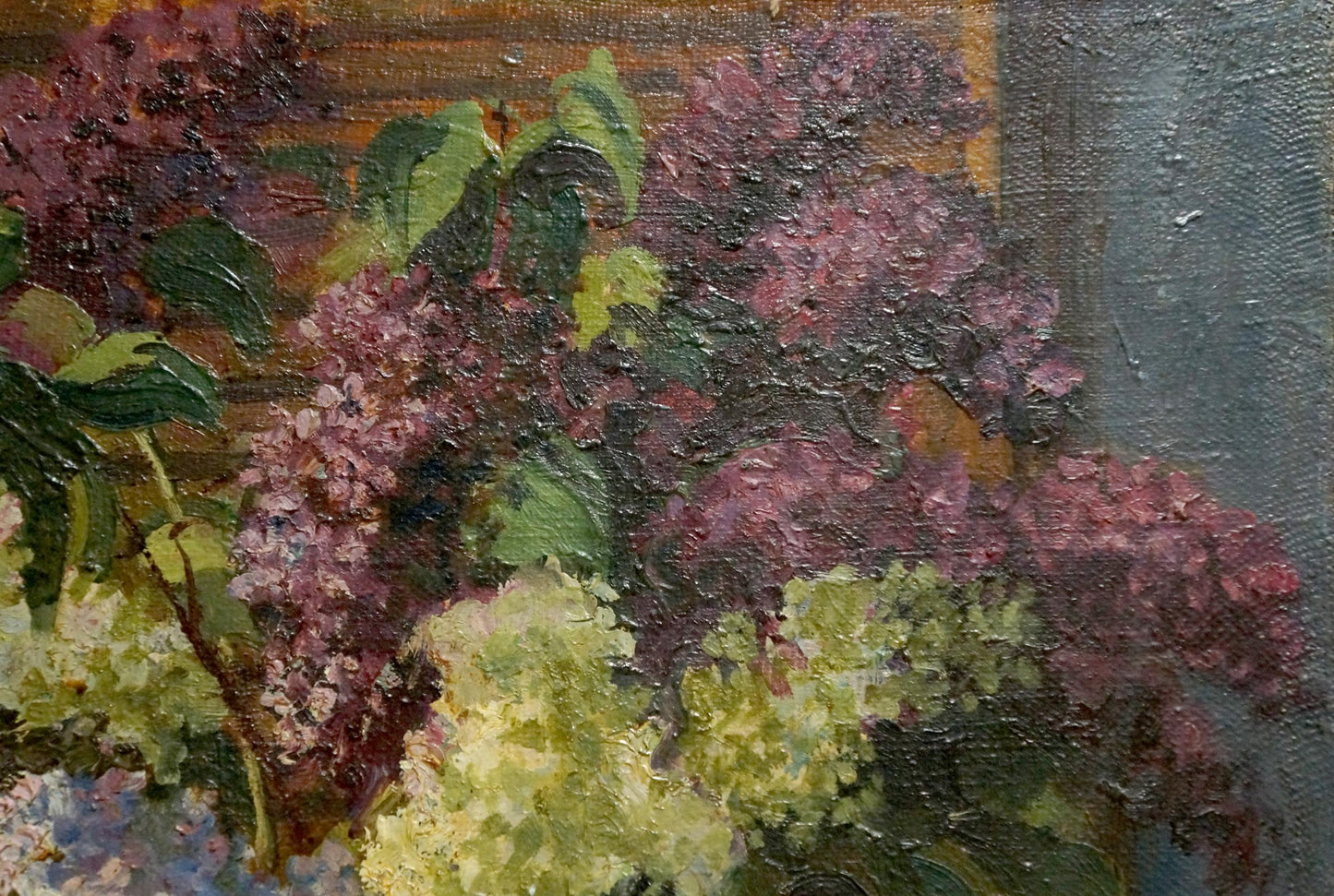 Vibrant oil painting of fresh lilacs in vases, purple-green impasto brushstrokes