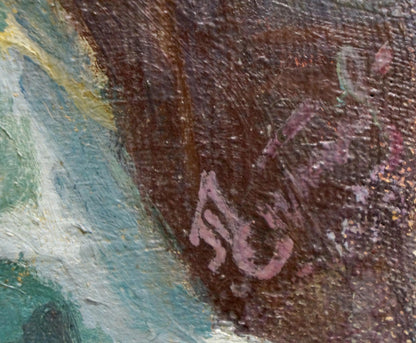 Faded pink signature on back of oil painting Fresh lilacs in vases
