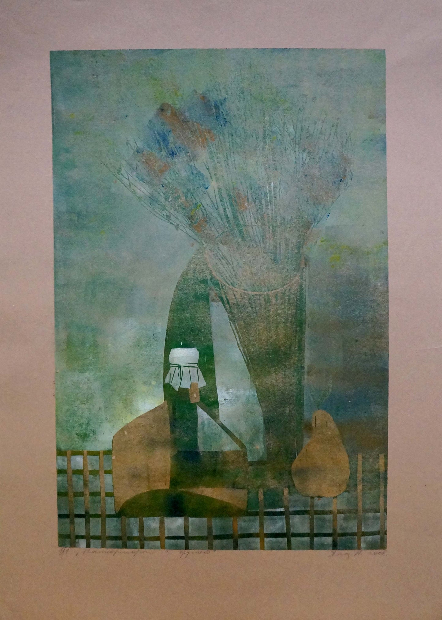 Abstract Still life painting by Albina Yaloz with blue brown vase and flowers
