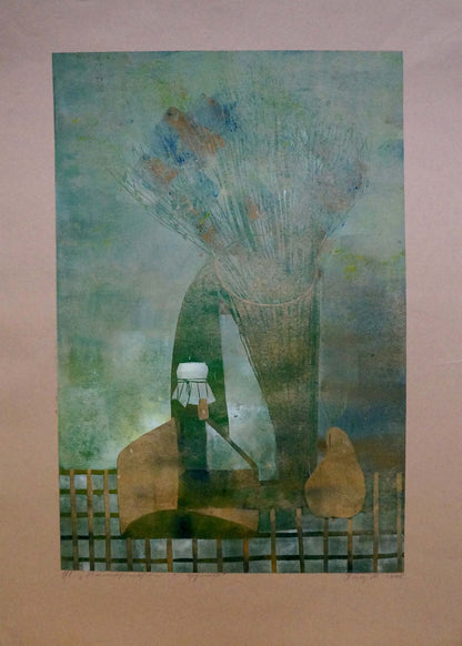 Abstract Still life painting by Albina Yaloz with blue brown vase and flowers