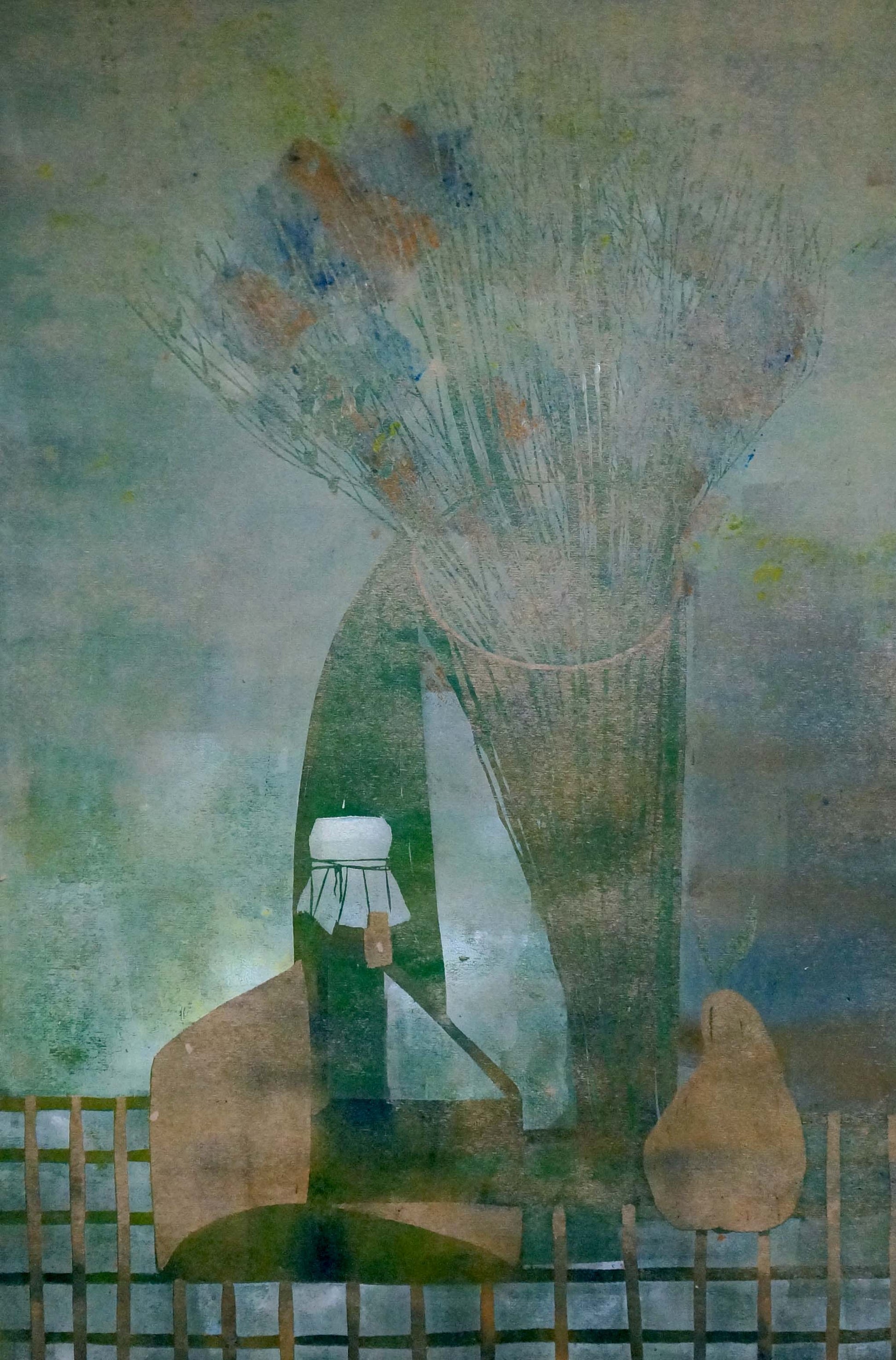 Abstract Still life Albina Yaloz painting of tall vase with dried flowers