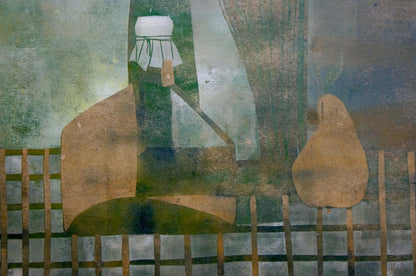 Abstract Still Life Albina Yaloz painting with stylized figure in muted greens and browns