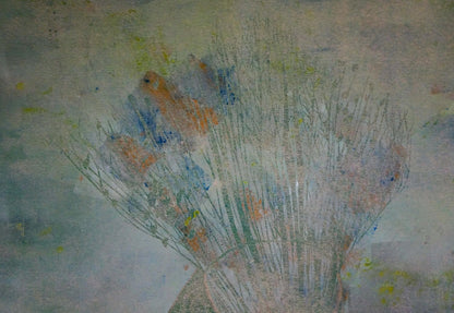 Watercolor abstract still life bouquet by Albina Yaloz in blue orange green