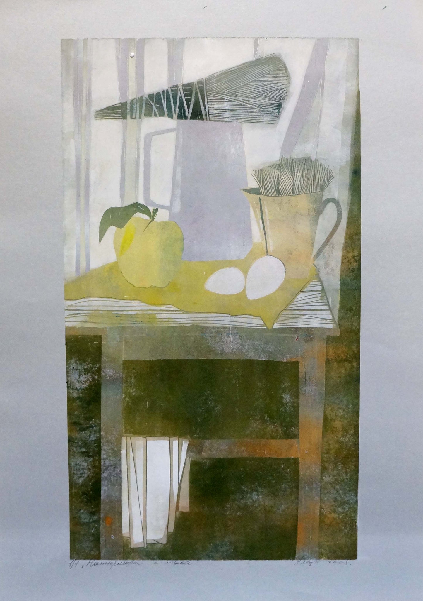 Abstract Apple Tranquility painting by Albina Yaloz: muted yellow apple with green leaf on textured surface