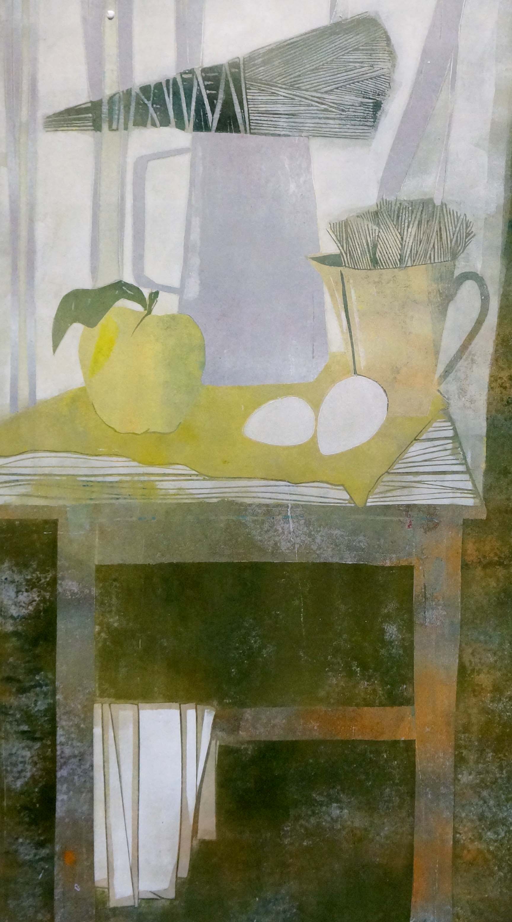 Stylized yellow apple with green leaf in Abstract painting Apple Tranquility by Albina Yaloz