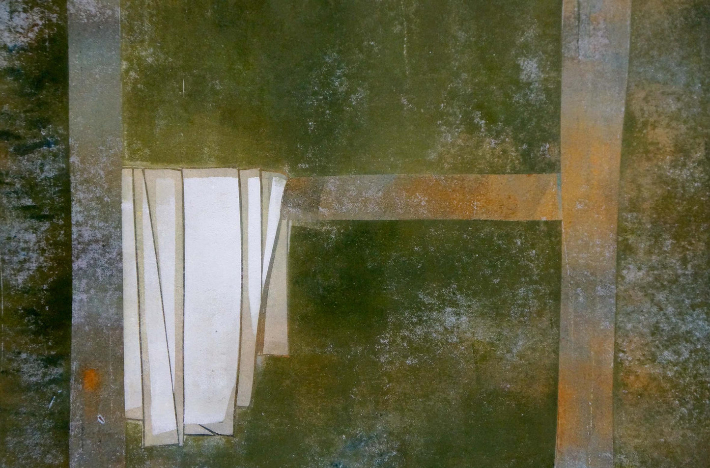 Abstract Apple Tranquility painting by Albina Yaloz with white stacked panels in wooden beams