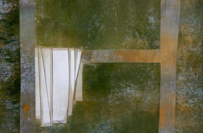 Abstract Apple Tranquility painting by Albina Yaloz with white stacked panels in wooden beams