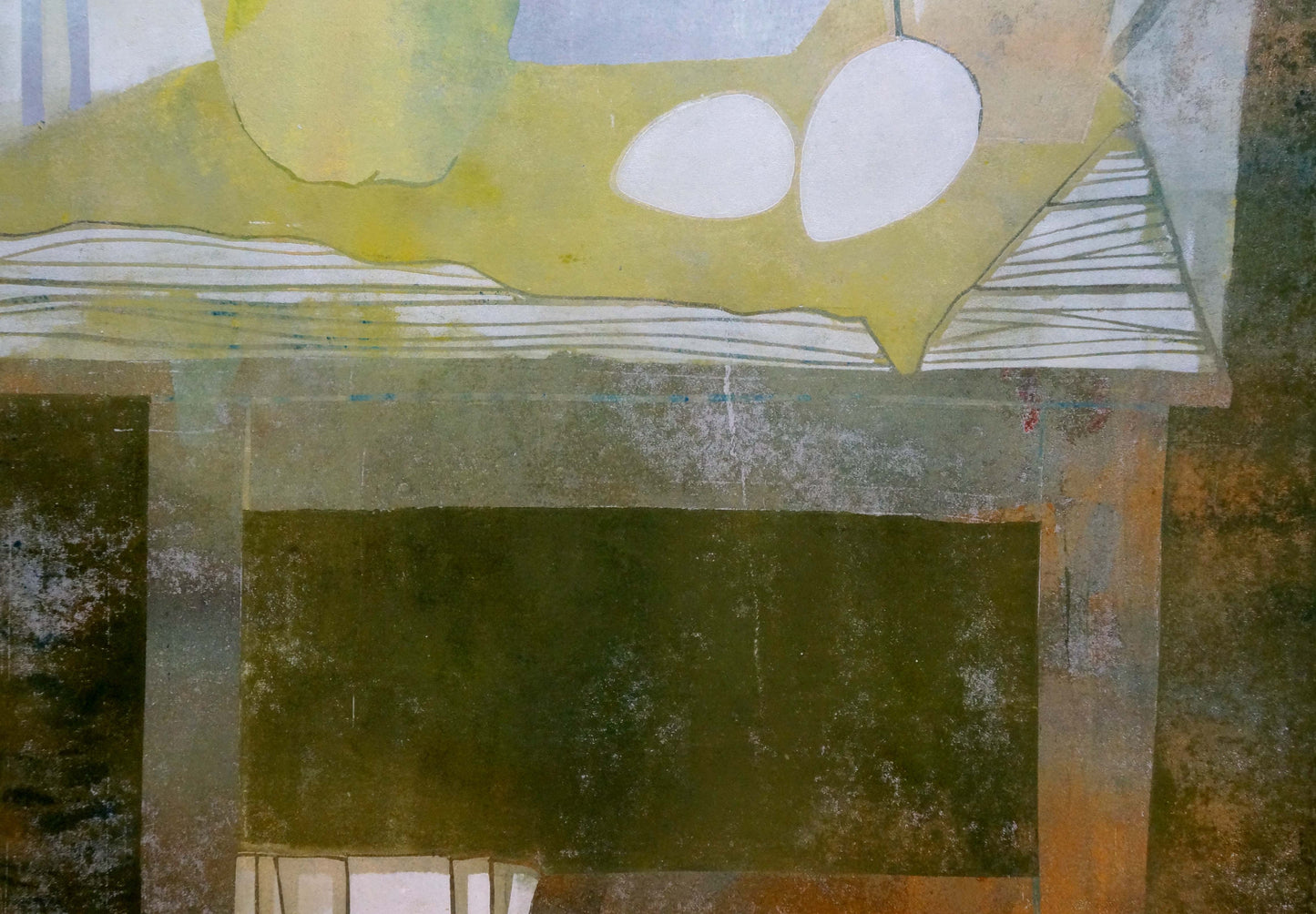 Abstract Apple Tranquility painting by Albina Yaloz, textured yellow-green with white ovals