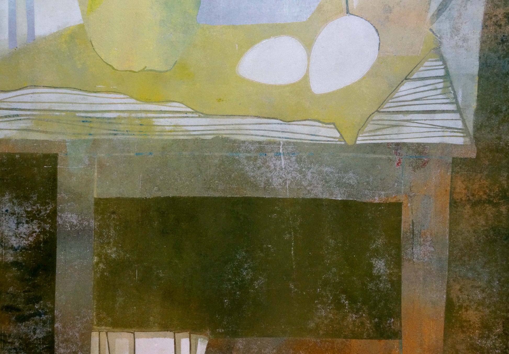 Abstract Apple Tranquility painting by Albina Yaloz, textured yellow-green with white ovals