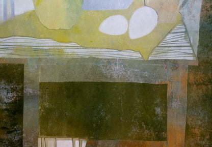 Abstract Apple Tranquility painting by Albina Yaloz, textured yellow-green with white ovals