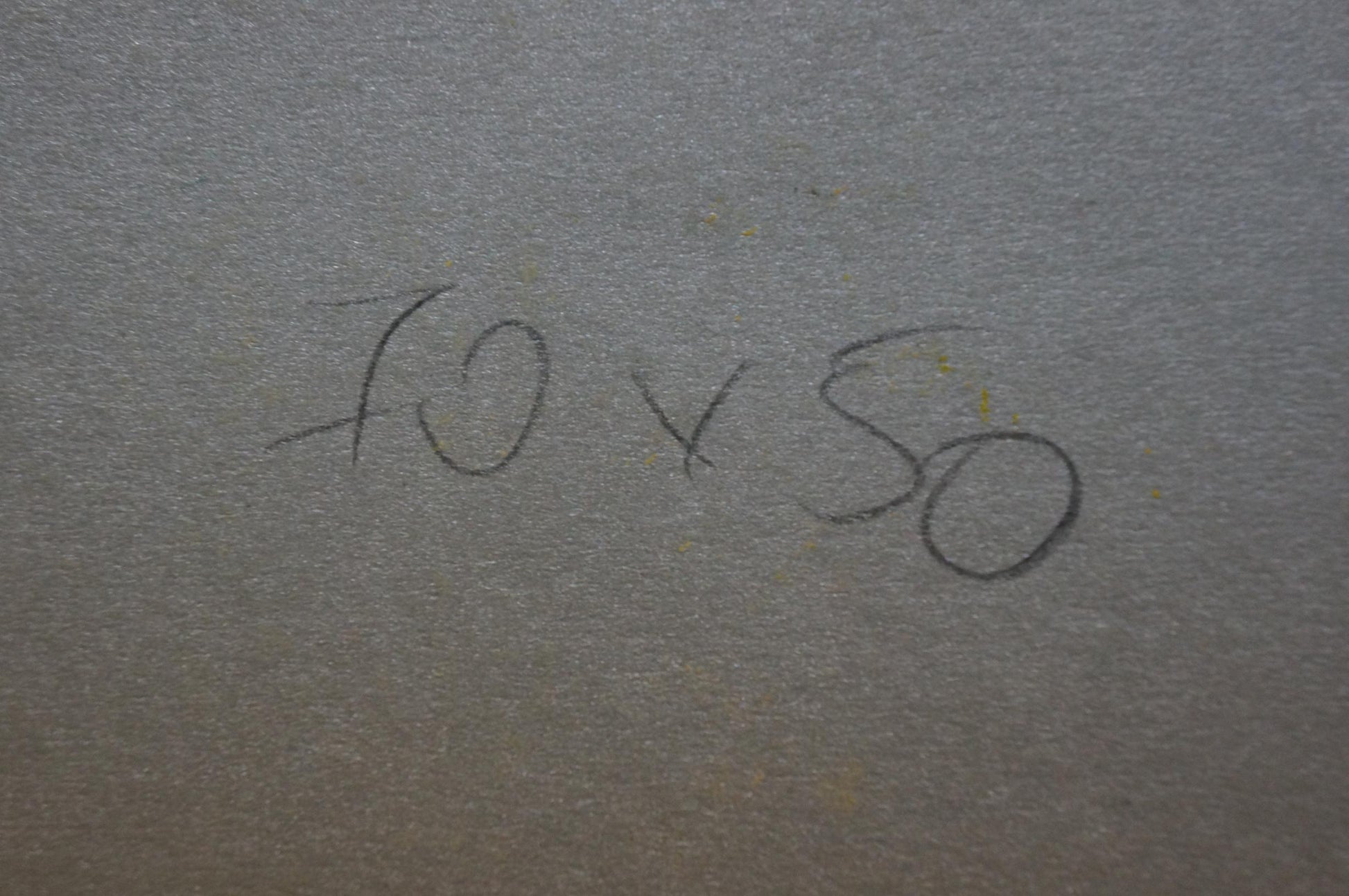 Back of Abstract painting Apple Tranquility Albina Yaloz with handwritten 10 x 50 in dark pencil on gray textured surface