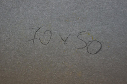 Back of Abstract painting Apple Tranquility Albina Yaloz with handwritten 10 x 50 in dark pencil on gray textured surface