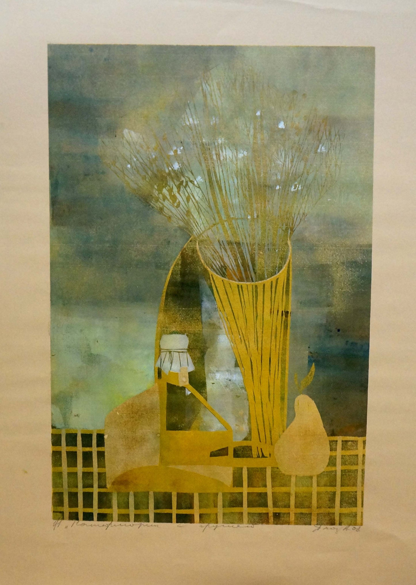 Stylized yellow slat vase with wheat in Albina Yaloz pears still life painting