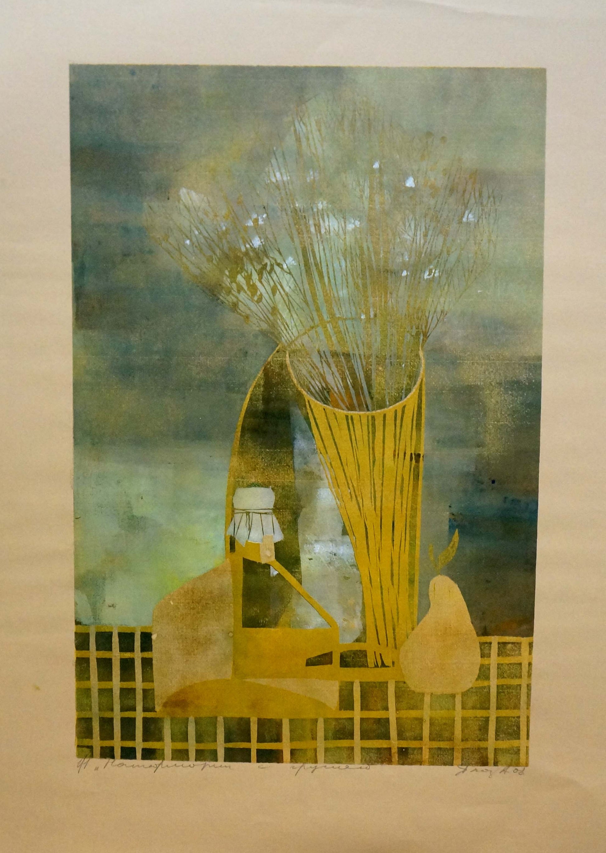 Stylized yellow slat vase with wheat in Albina Yaloz pears still life painting