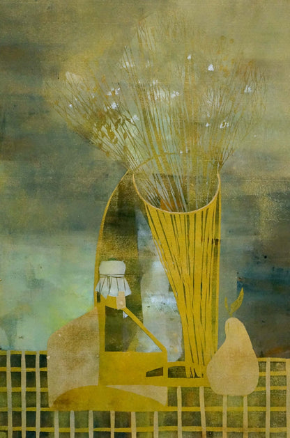Tall yellow vase with golden wheat in Albina Yaloz pear still life painting