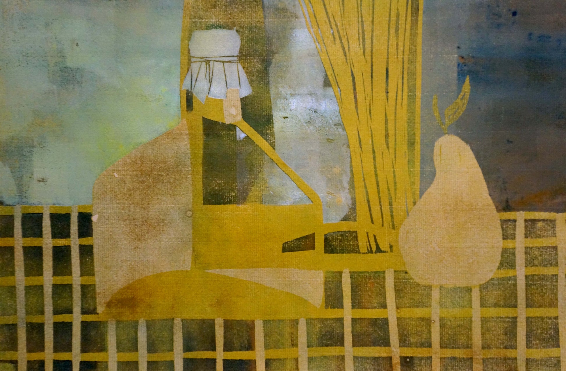Stylized yellow pear in Albina Yaloz abstract still life painting