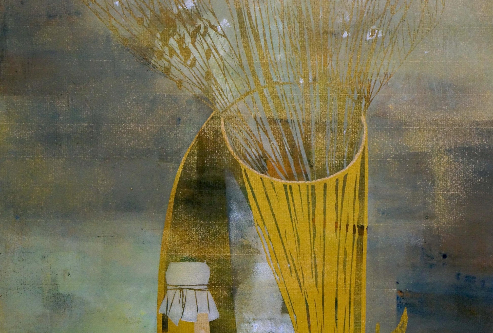 Tall yellow vase with golden wheat in Albina Yaloz pear still life painting
