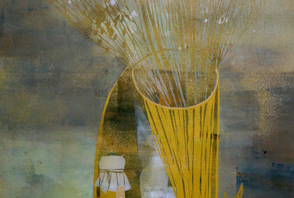 Tall yellow vase with golden wheat in Albina Yaloz pear still life painting