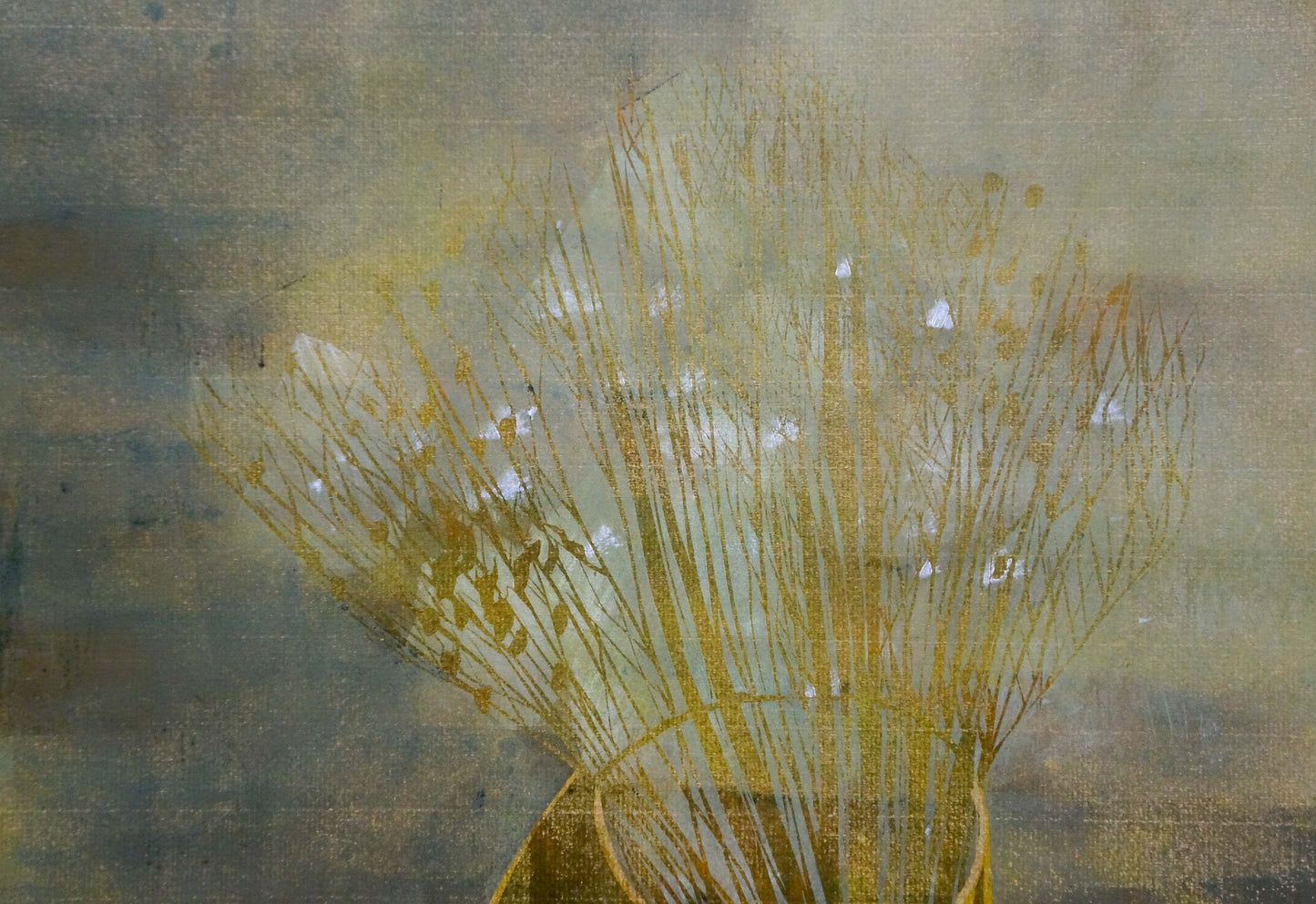 Abstract still life painting with pears by Albina Yaloz, golden wheat stalks