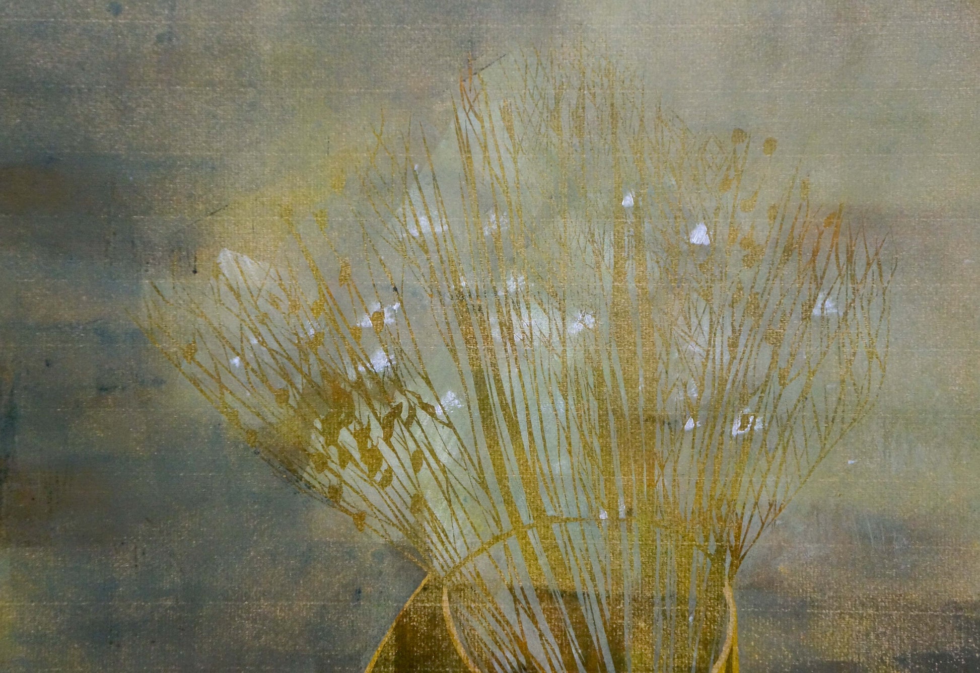 Abstract still life painting with pears by Albina Yaloz, golden wheat stalks