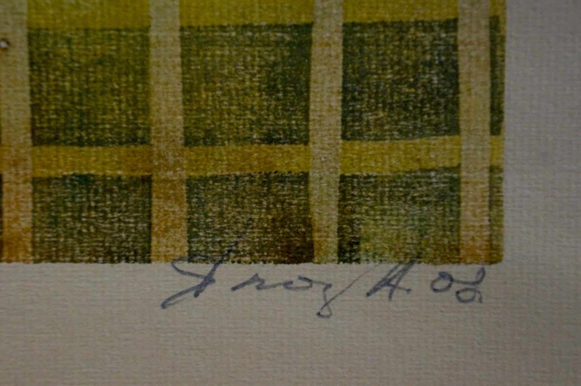 Abstract Still life with pears painting by Albina Yaloz, green yellow plaid canvas