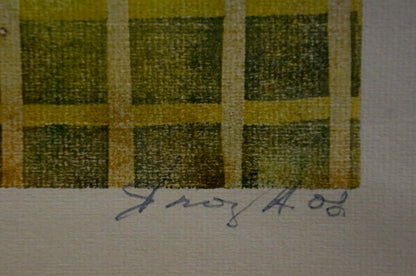 Abstract Still life with pears painting by Albina Yaloz, green yellow plaid canvas