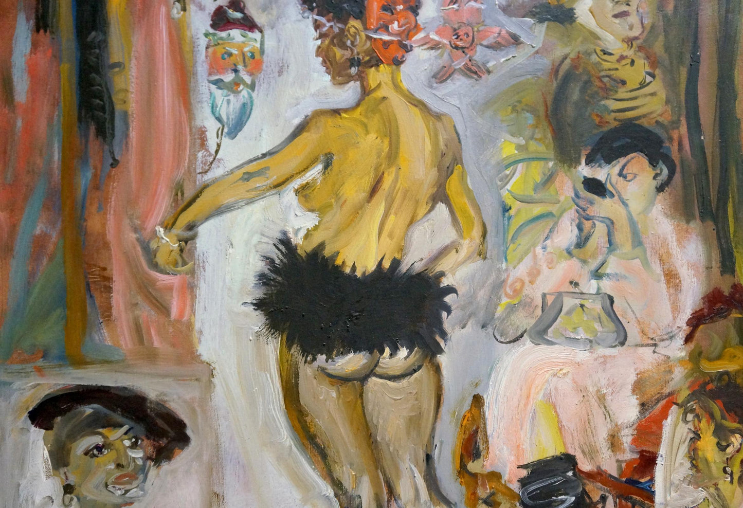 Abstract oil portrait of girl by Konysheva N.I., vibrant yellow figure with black feathers