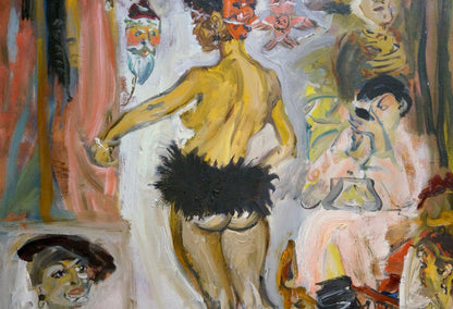Abstract oil portrait of girl by Konysheva N.I., vibrant yellow figure with black feathers