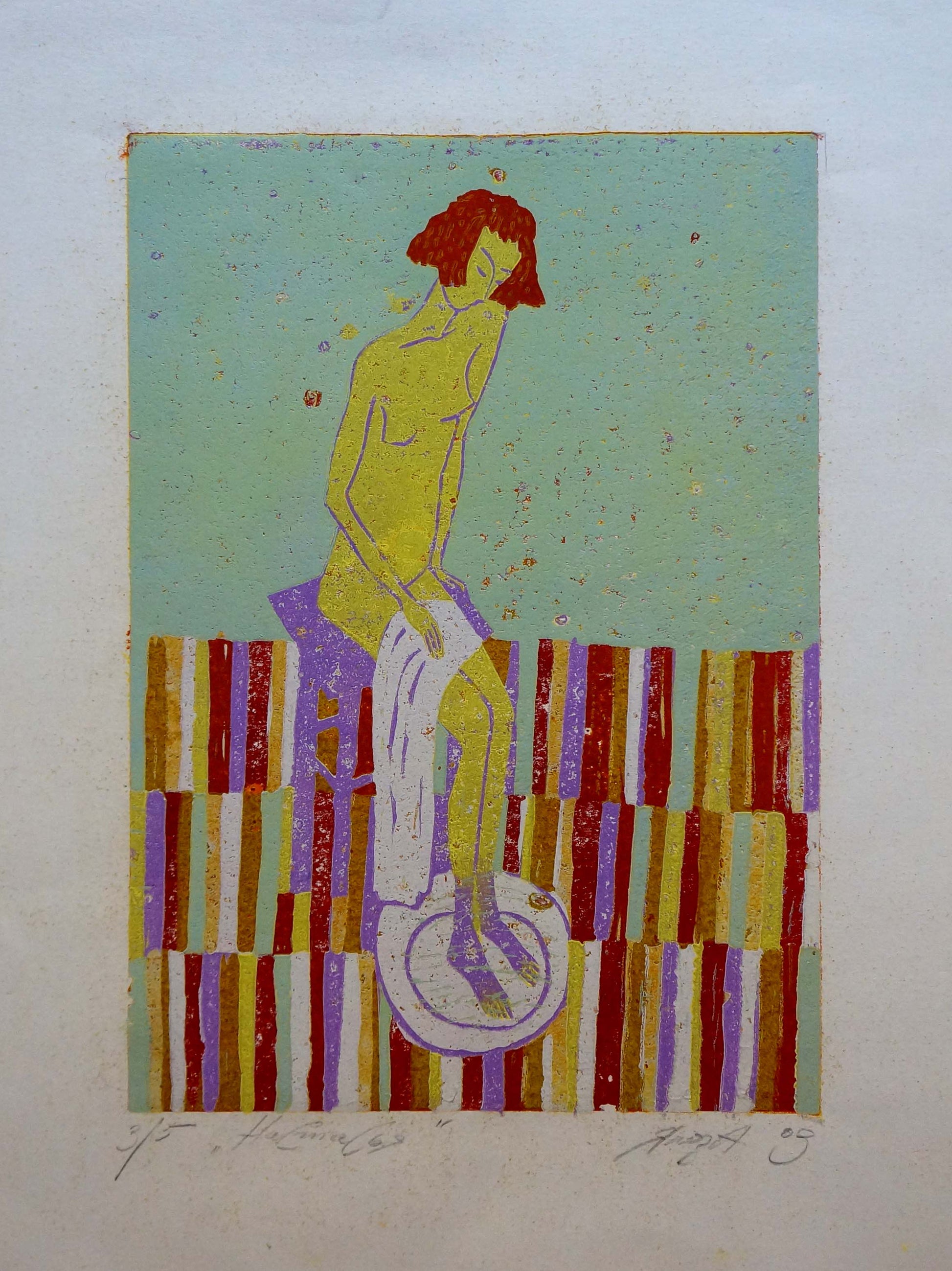 Abstract portrait painting of female figure Albina Yaloz, yellow figure on purple chair
