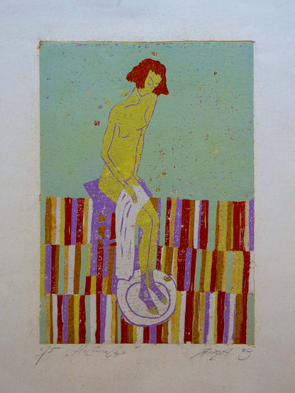 Abstract portrait painting of female figure Albina Yaloz, yellow figure on purple chair