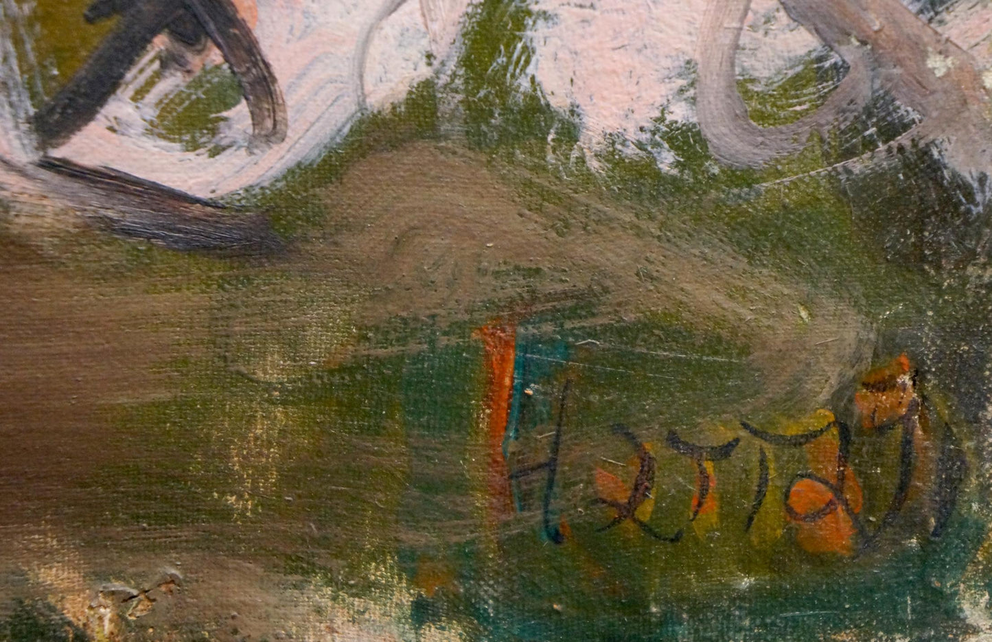 Abstract oil portrait of girl by Konysheva N.I. in green, brown, pink hues