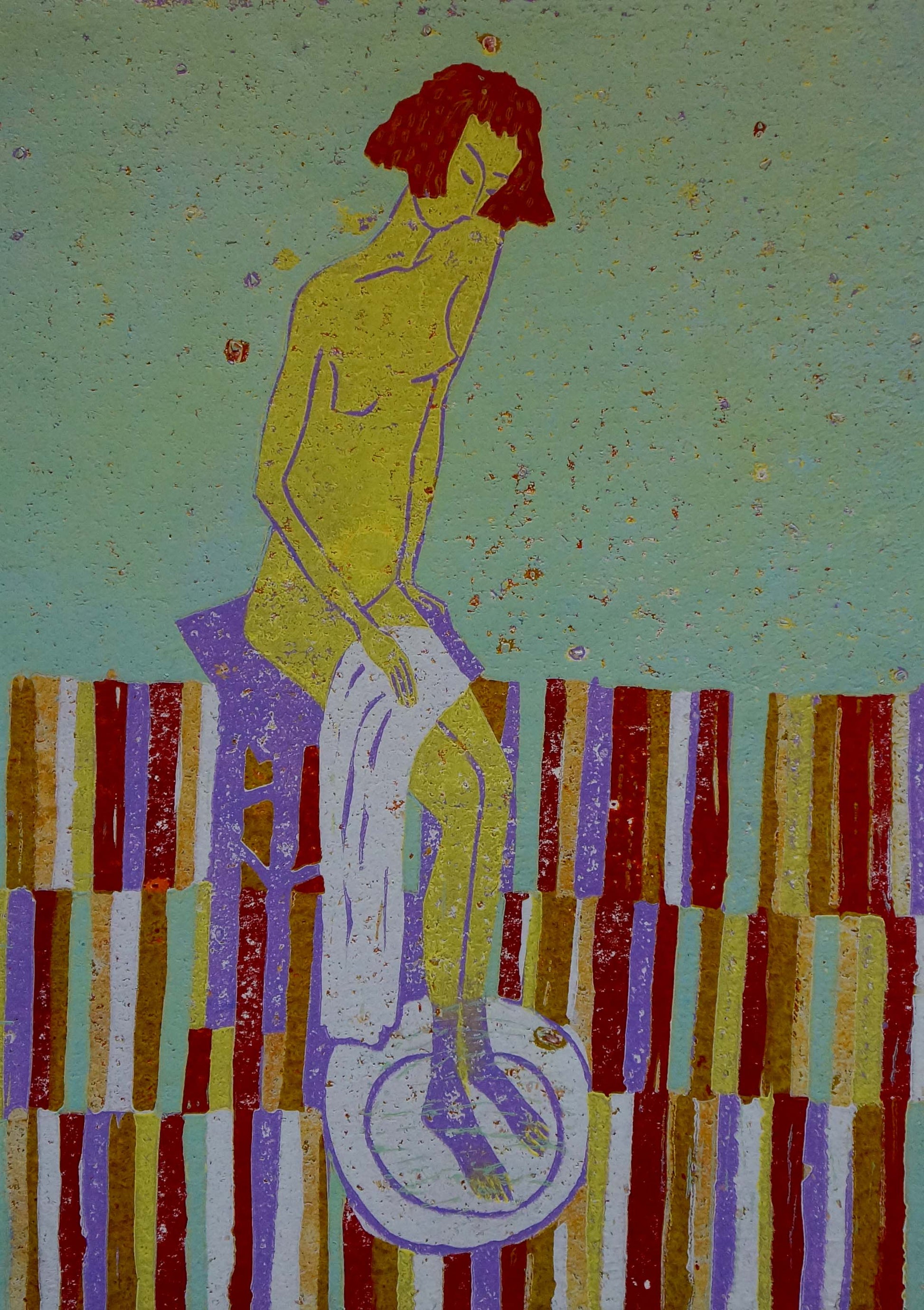 Abstract portrait painting of female figure Albina Yaloz in yellow on teal