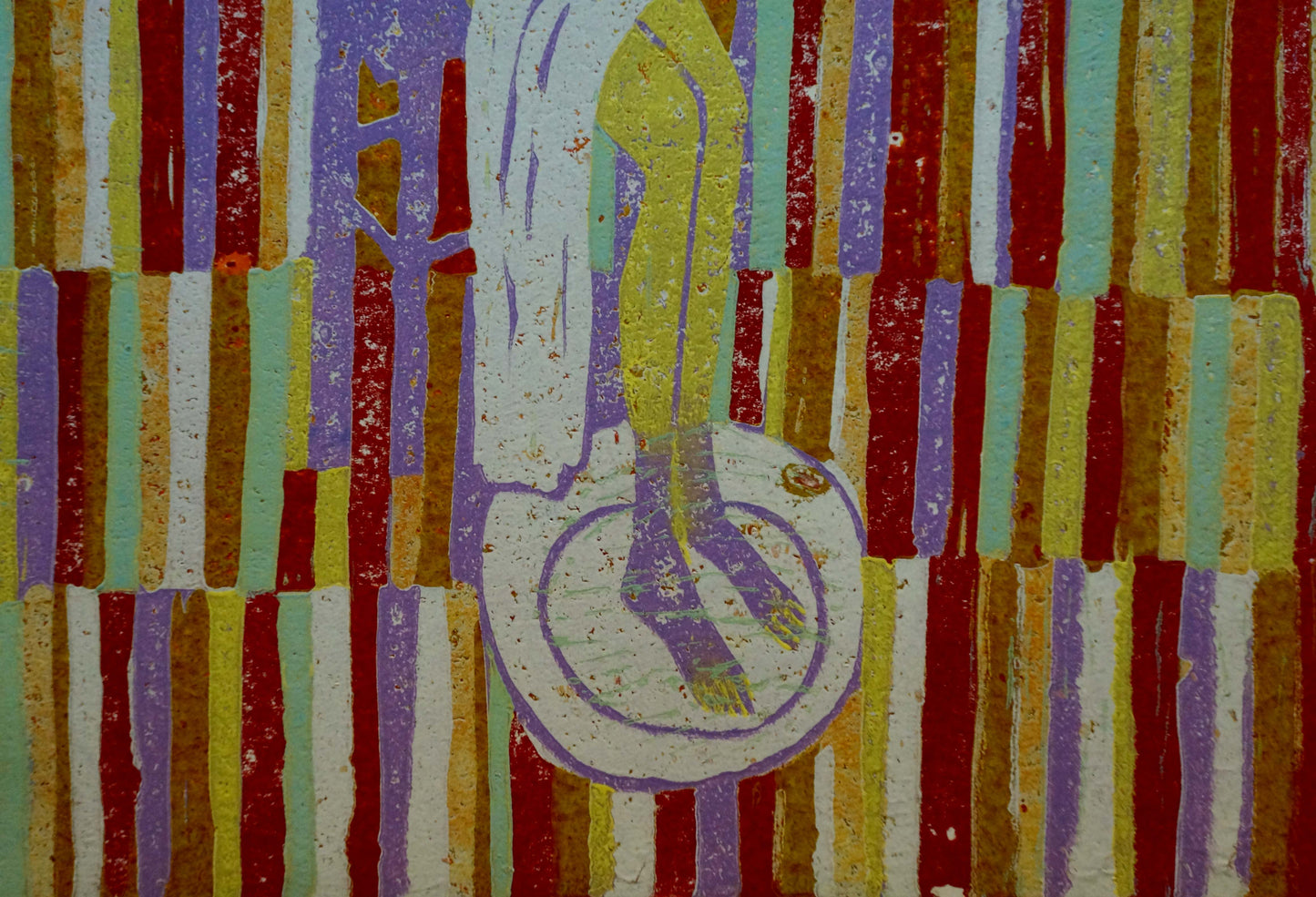 Abstract portrait painting of female figure Albina Yaloz in white yellow on striped background