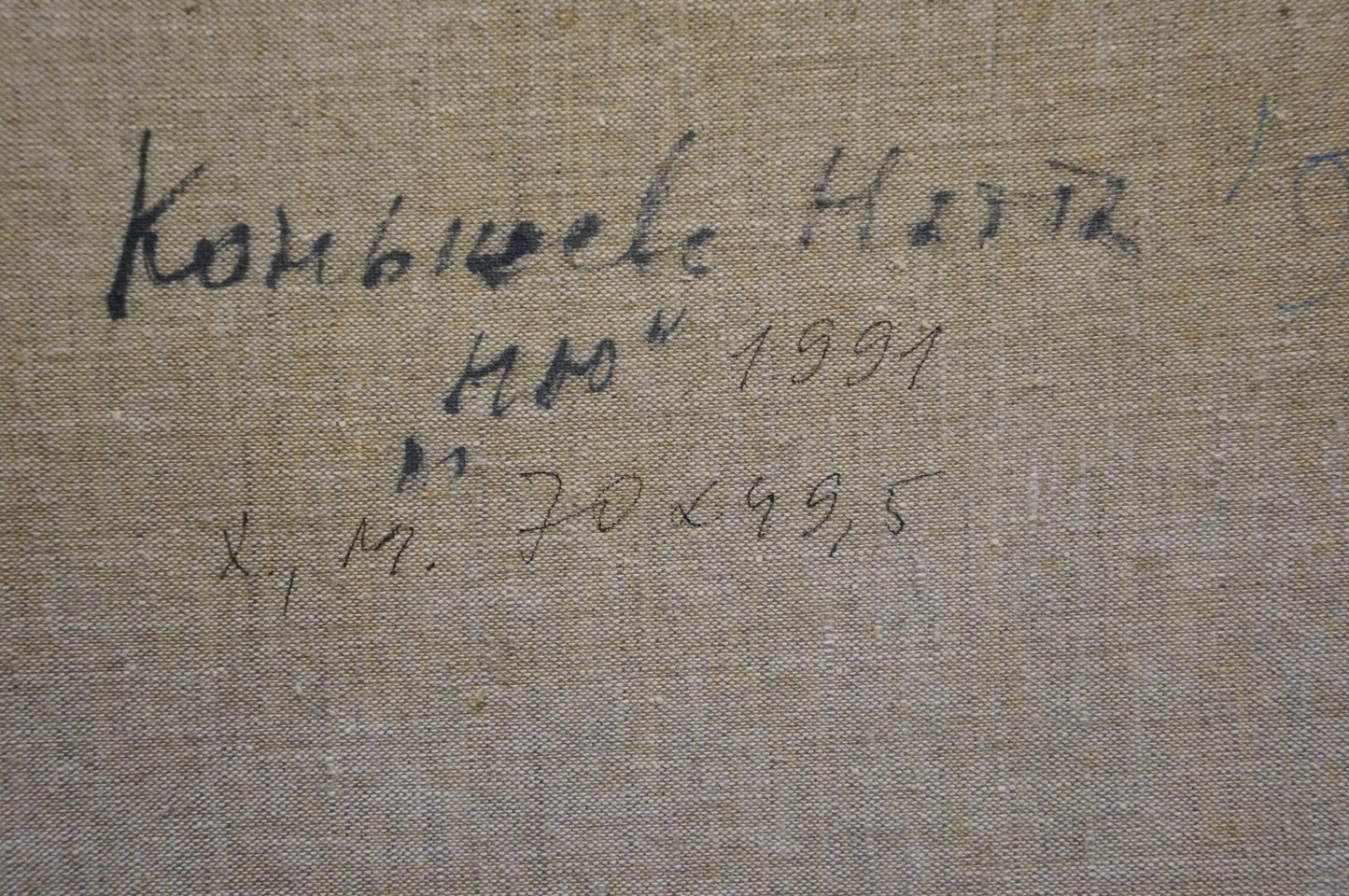 Back of abstract oil painting Portrait of a girl Konysheva N.I. with handwritten signature on textured canvas