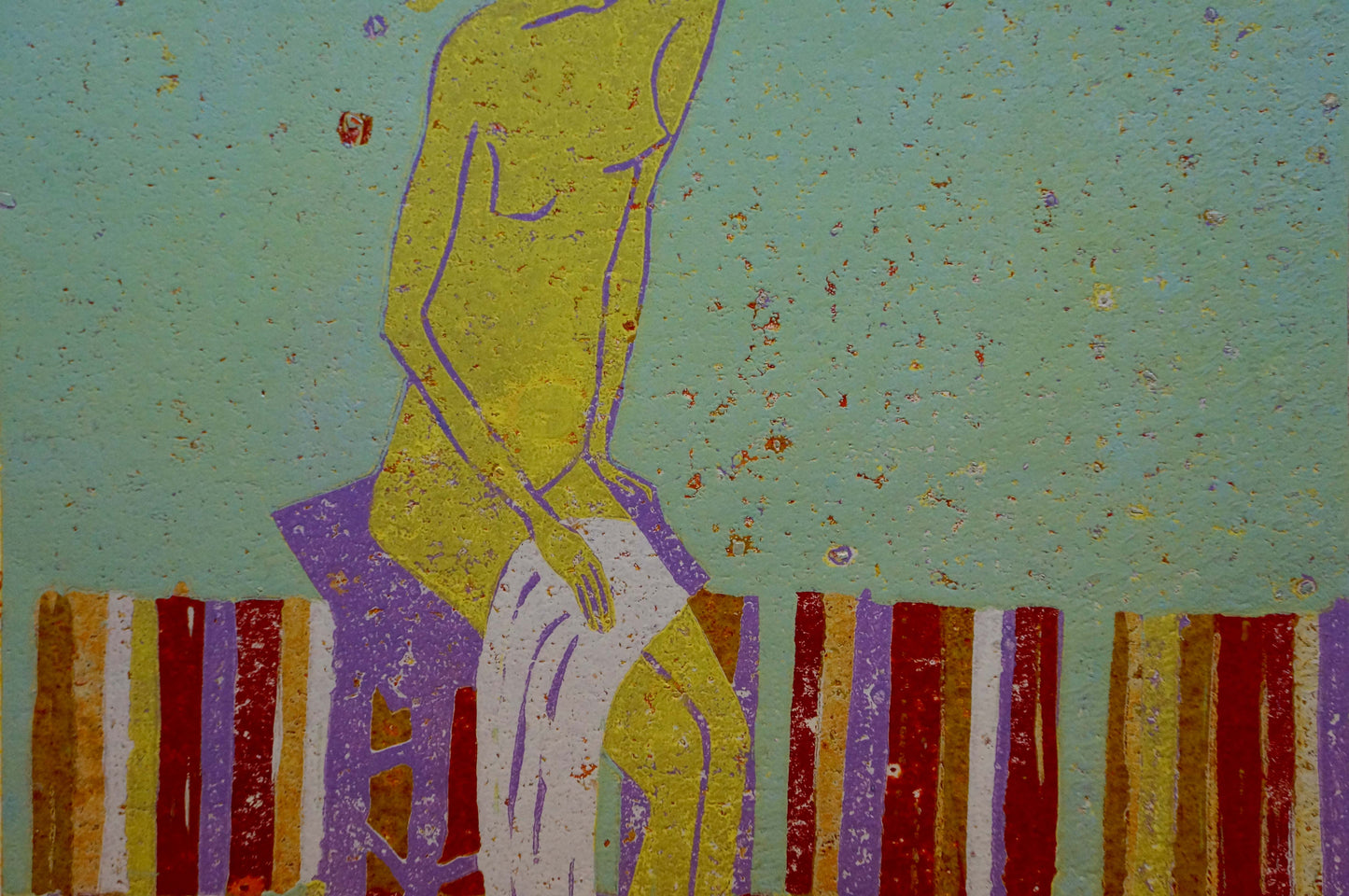 Stylized abstract portrait of female figure Albina Yaloz on purple stool