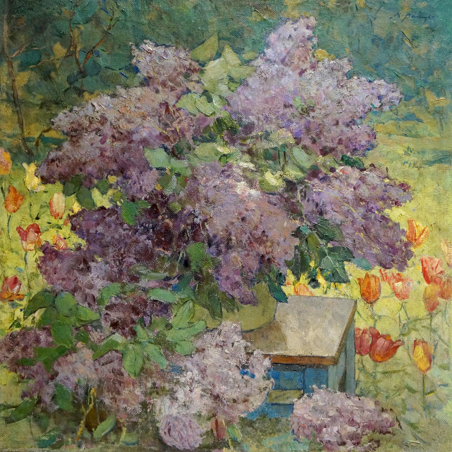 Oil painting of lush purple lilacs by Moisey Lvovich Vol’shteyn